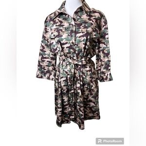 Zara Camouflage Print Mini Shirt Dress 3/4 Sleeves Tie Belt Size Small